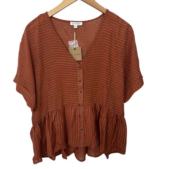 Blu Pepper Anthropologie Rust Brown Striped Peplum Babydoll Blouse Medium V Neck - Picture 2 of 7
